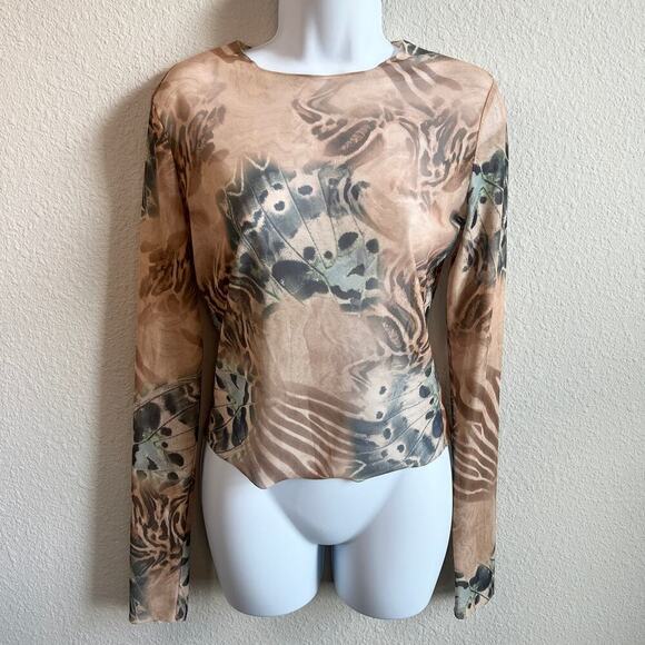 I Am Gia Izar Top Women's L Sheer Unlined Tan Butterfly Long Sleeves Raw Edges - Picture 2 of 7
